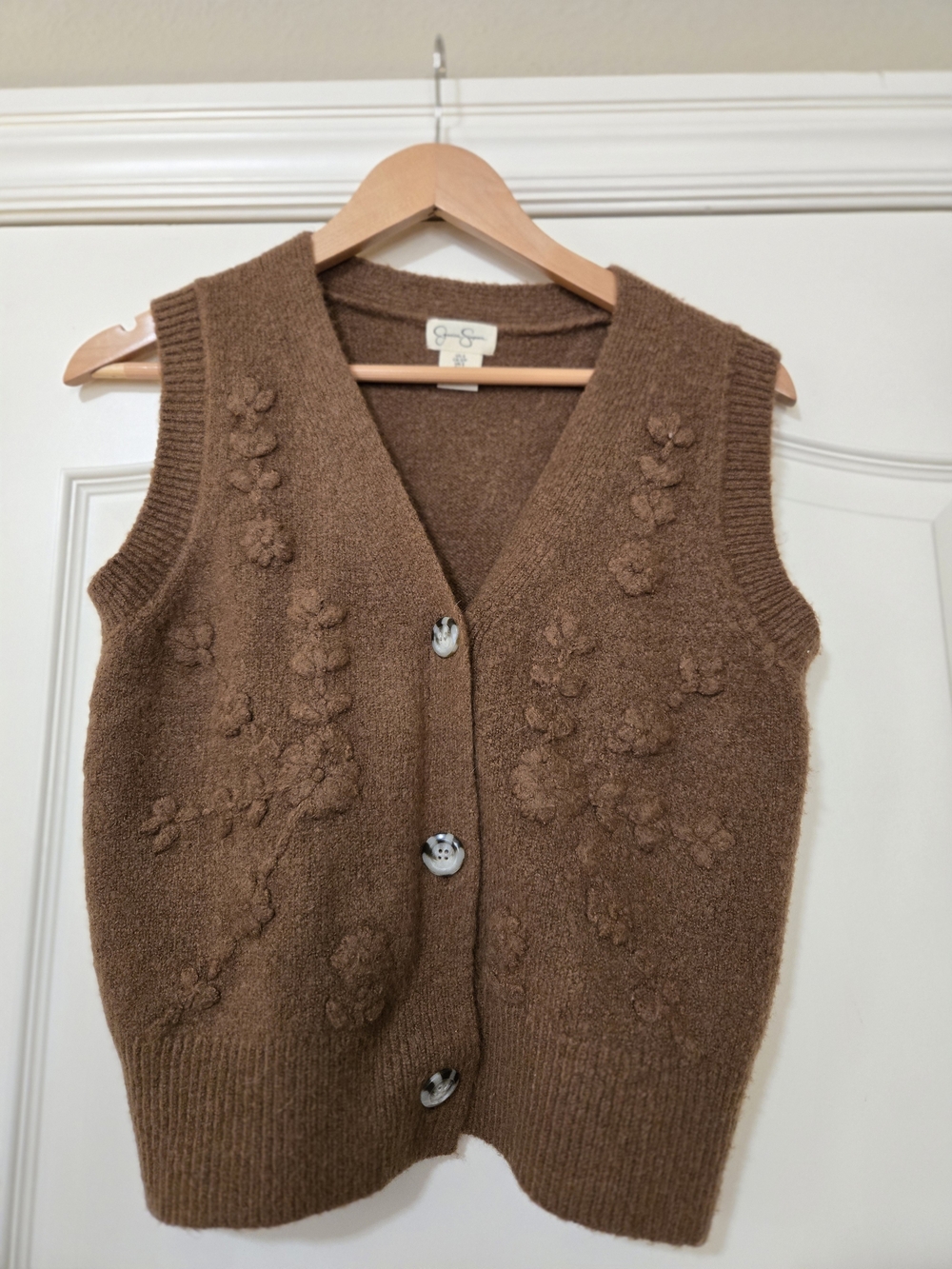 Jessica Simpson Brown Floral Knit Buttoned Vest Cozy Layering Fall